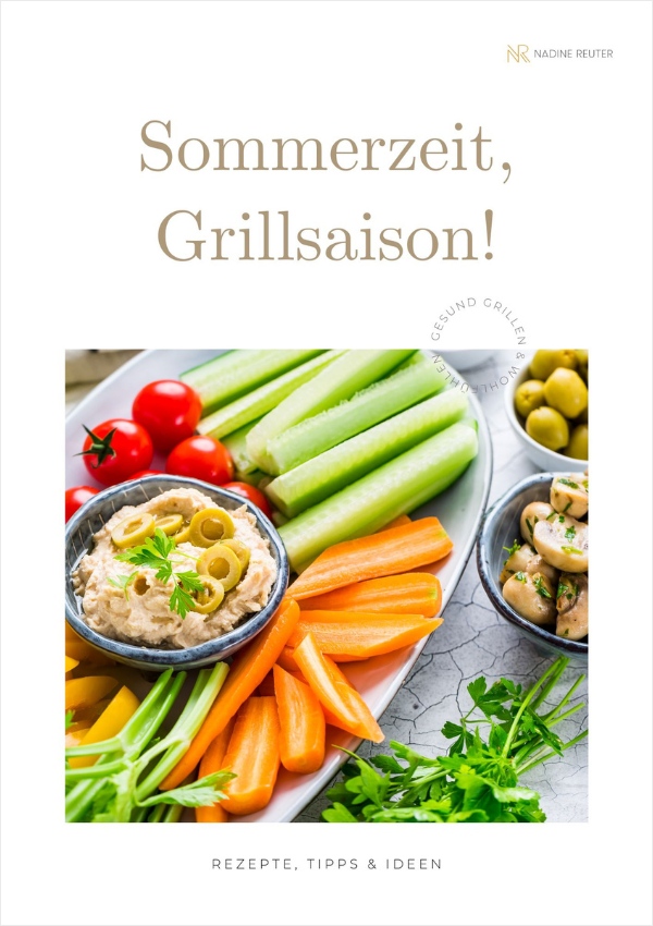 Gesund Grillen E-Book Coverbild: frische Gemüsesticks mit gesundem Dip eignen sich ausgezeichnet als Beilage und Snack beim Grillen.